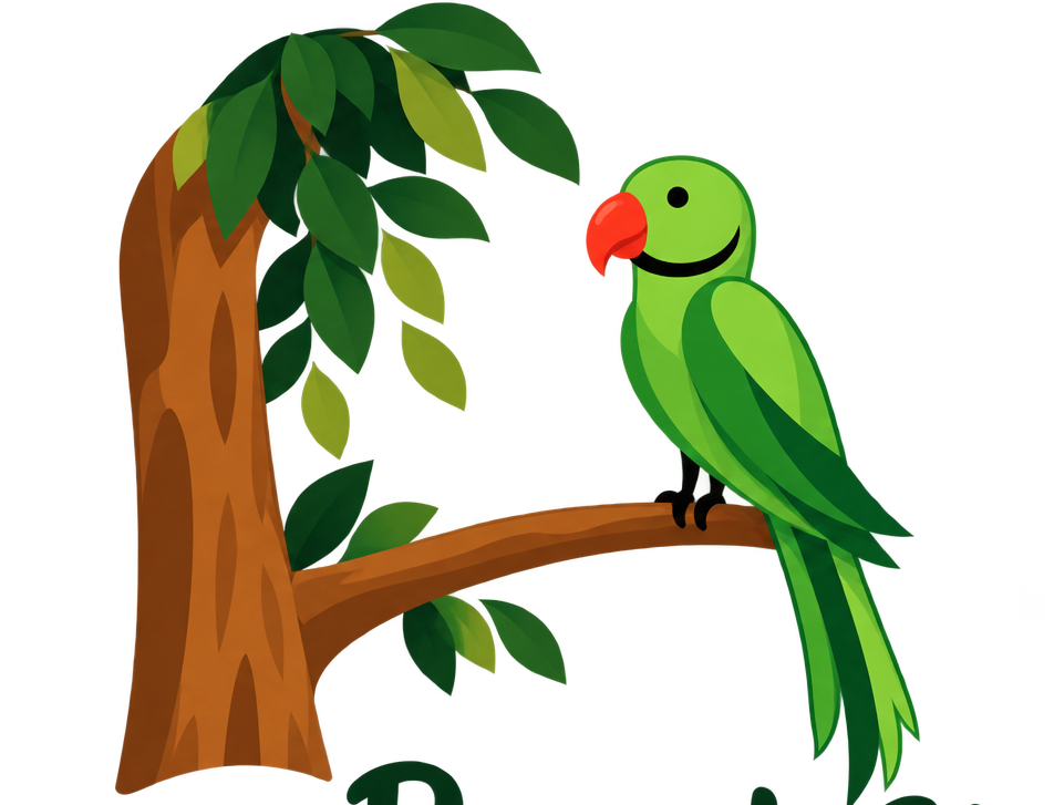 A green parrot on a branch — the studio's mark